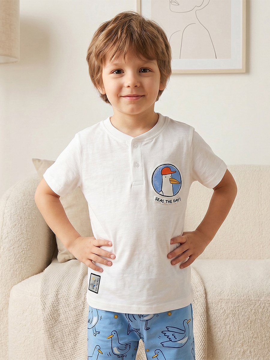 Cotton Henley Neck Short Sleeves Shorts Set with Bird Print