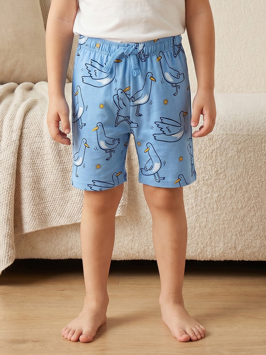 Cotton Henley Neck Short Sleeves Shorts Set with Bird Print