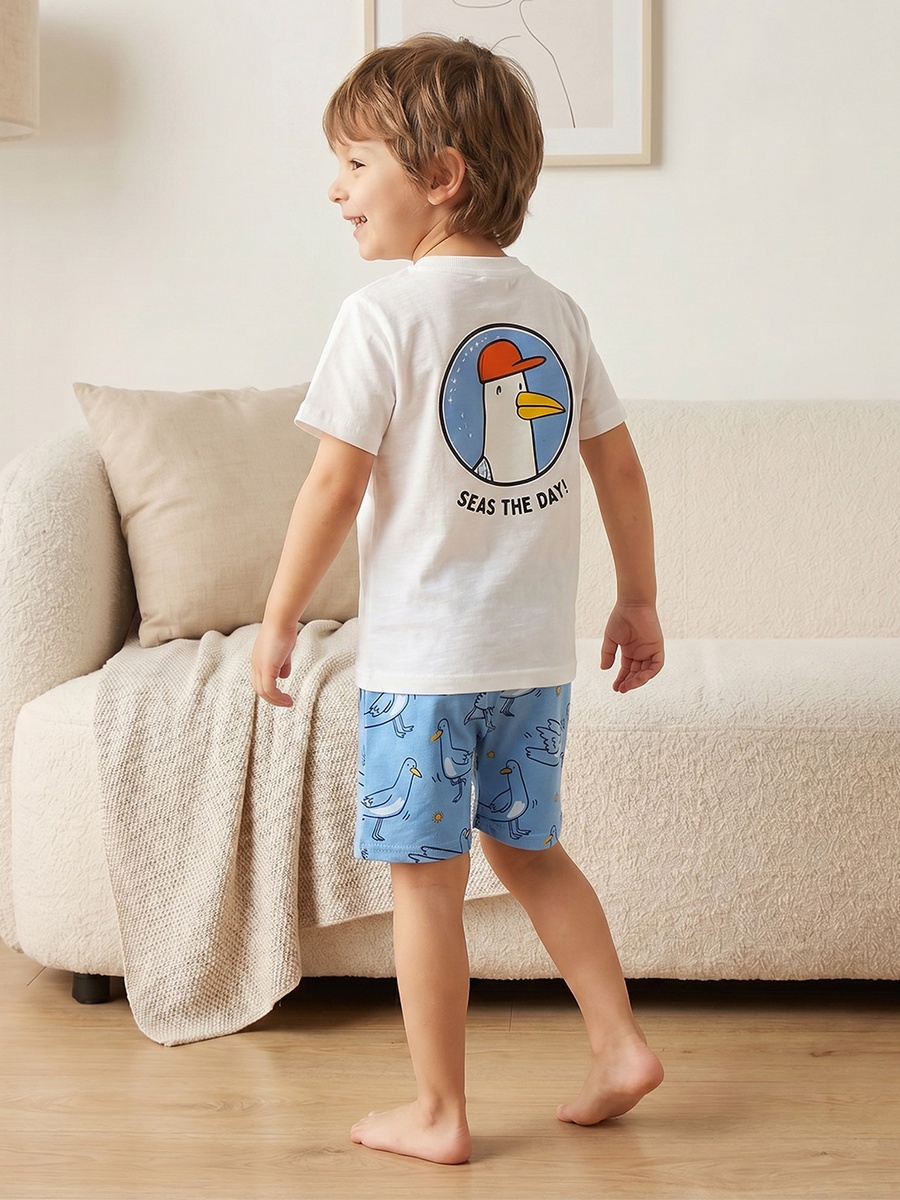 Cotton Henley Neck Short Sleeves Shorts Set with Bird Print