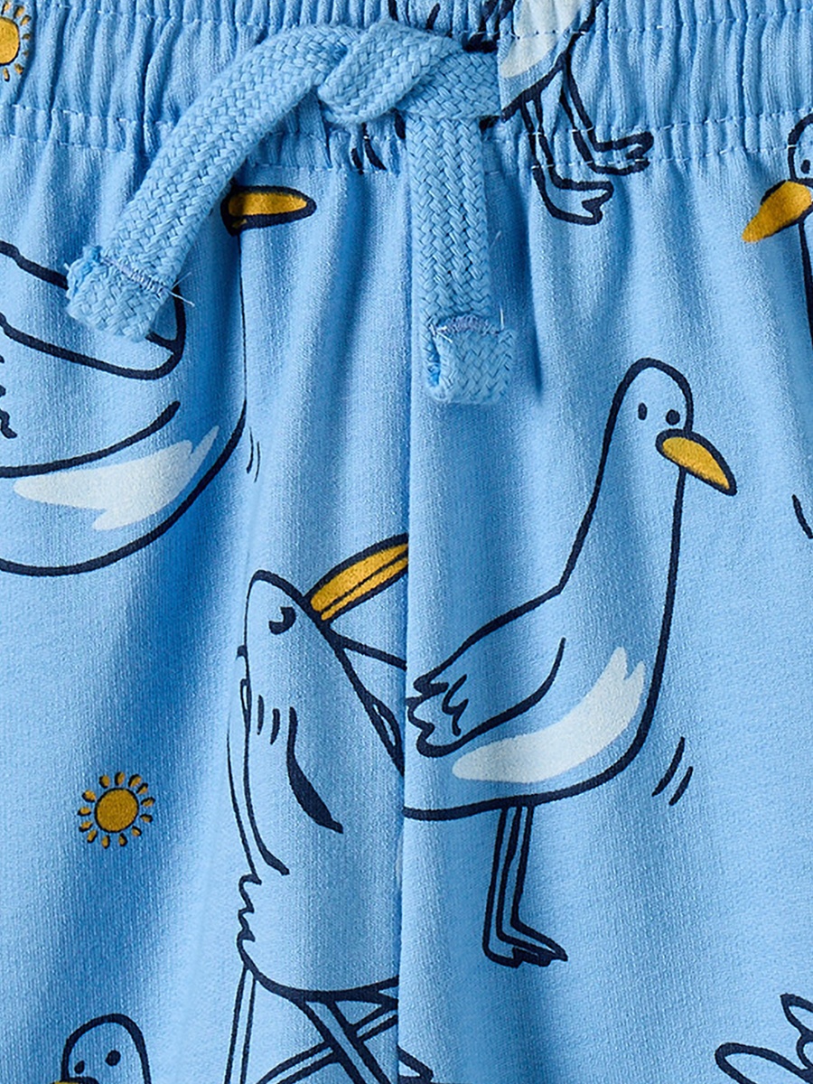 Cotton Henley Neck Short Sleeves Shorts Set with Bird Print