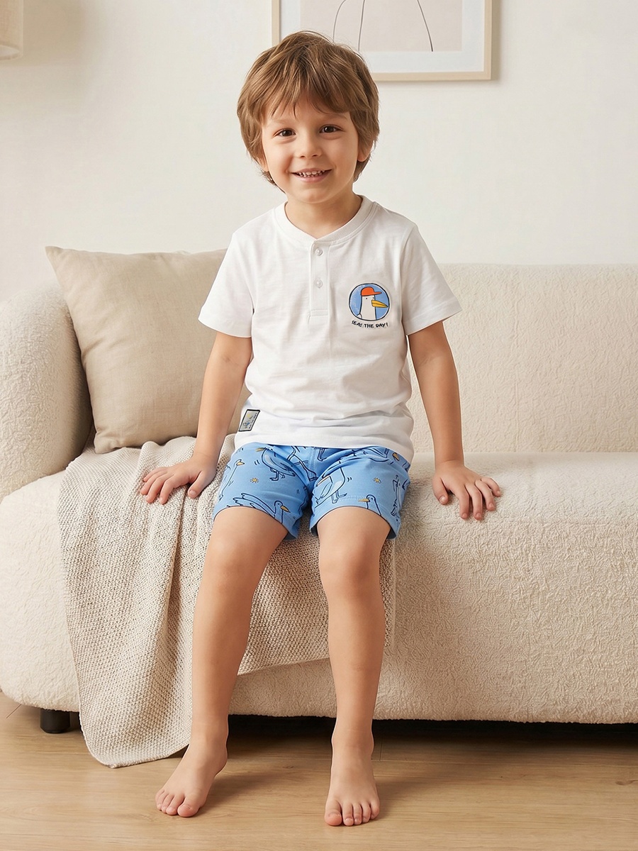 Cotton Henley Neck Short Sleeves Shorts Set with Bird Print