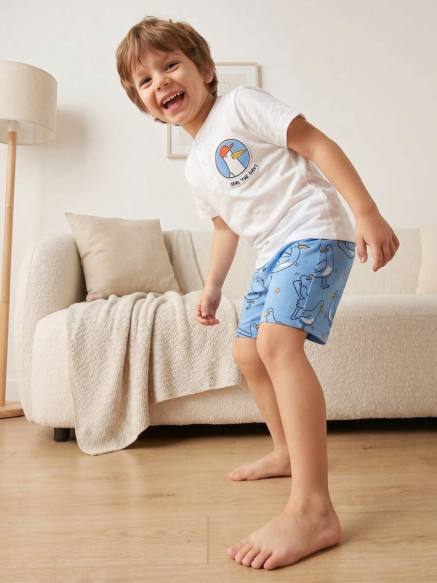 Cotton Henley Neck Short Sleeves Shorts Set with Bird Print