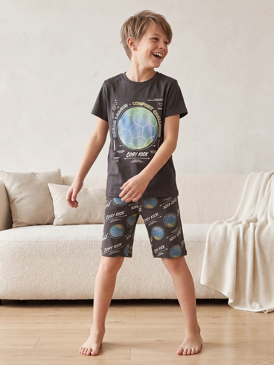 Cotton Crew Neck Short Sleeves Shorts Set with Football Print