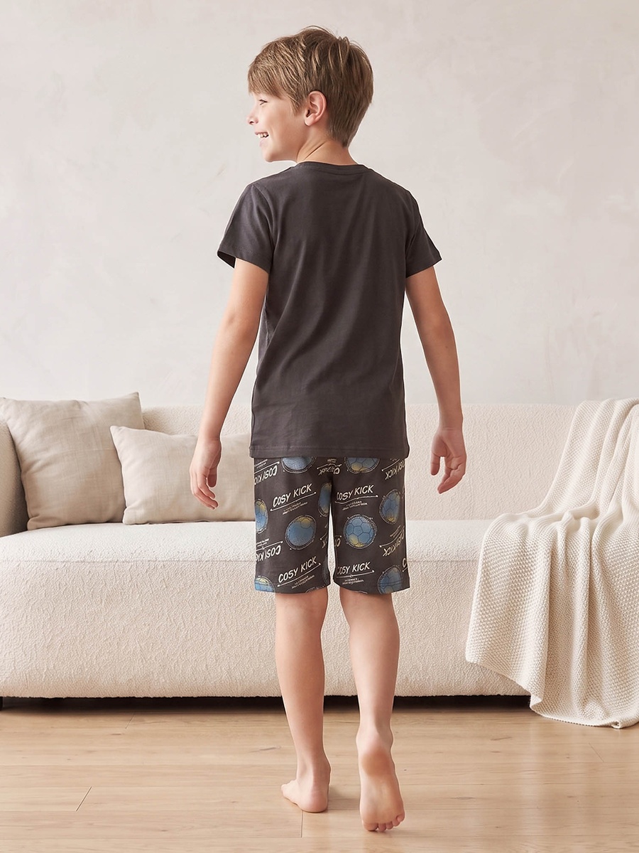 Cotton Crew Neck Short Sleeves Shorts Set with Football Print