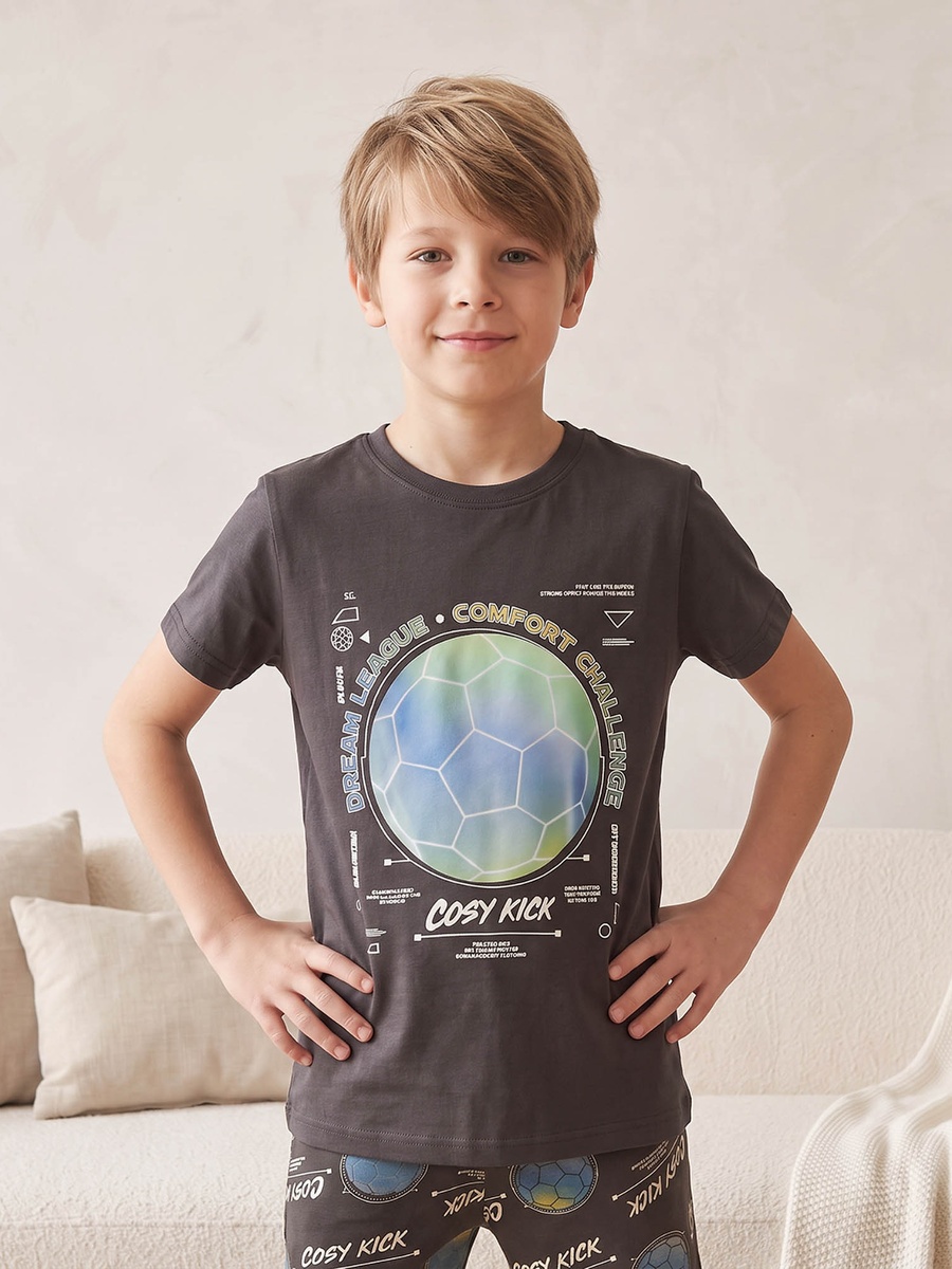 Cotton Crew Neck Short Sleeves Shorts Set with Football Print