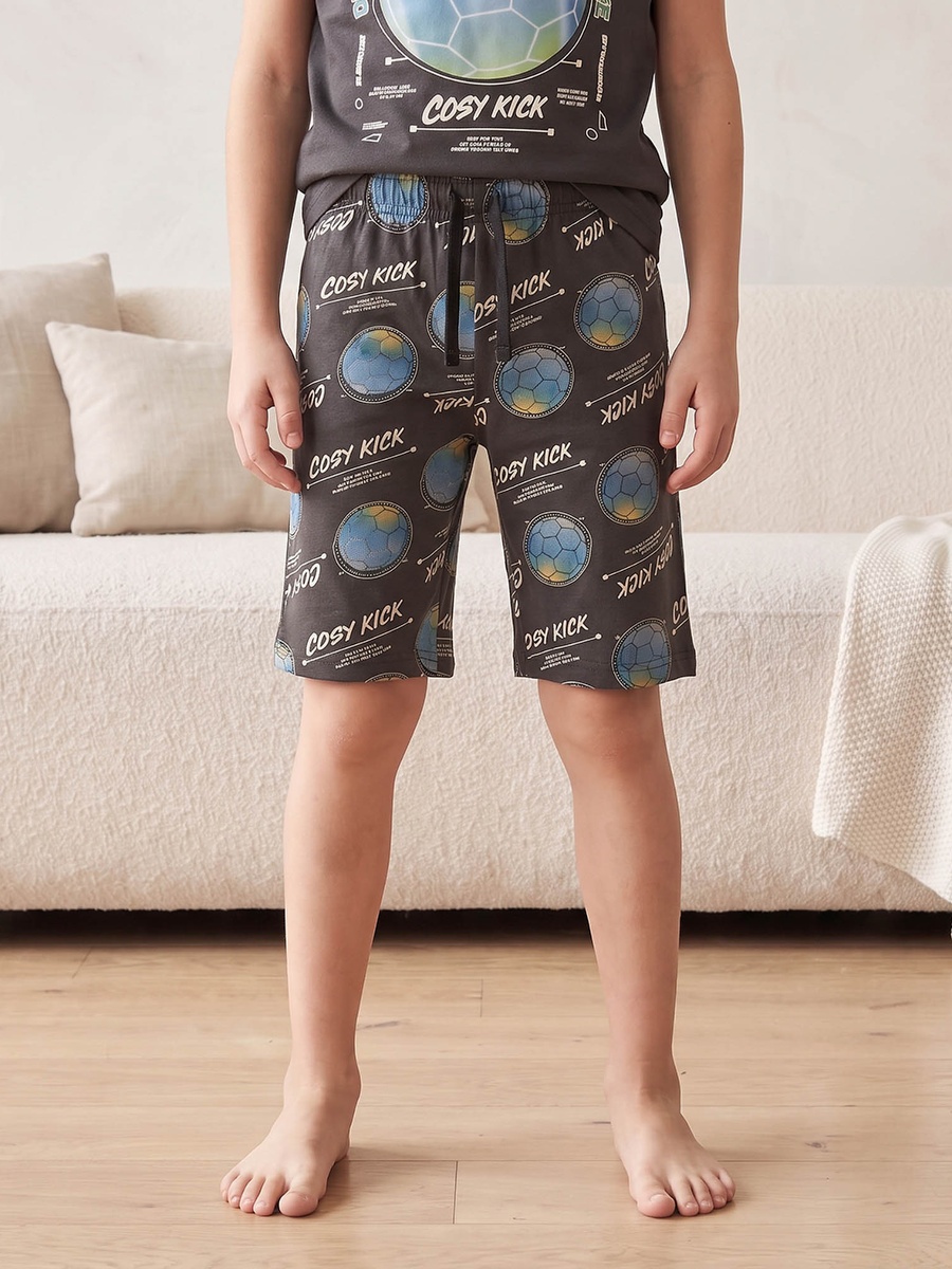 Cotton Crew Neck Short Sleeves Shorts Set with Football Print