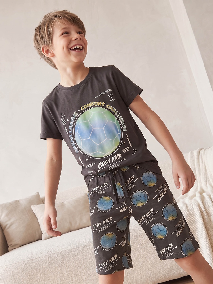 Cotton Crew Neck Short Sleeves Shorts Set with Football Print