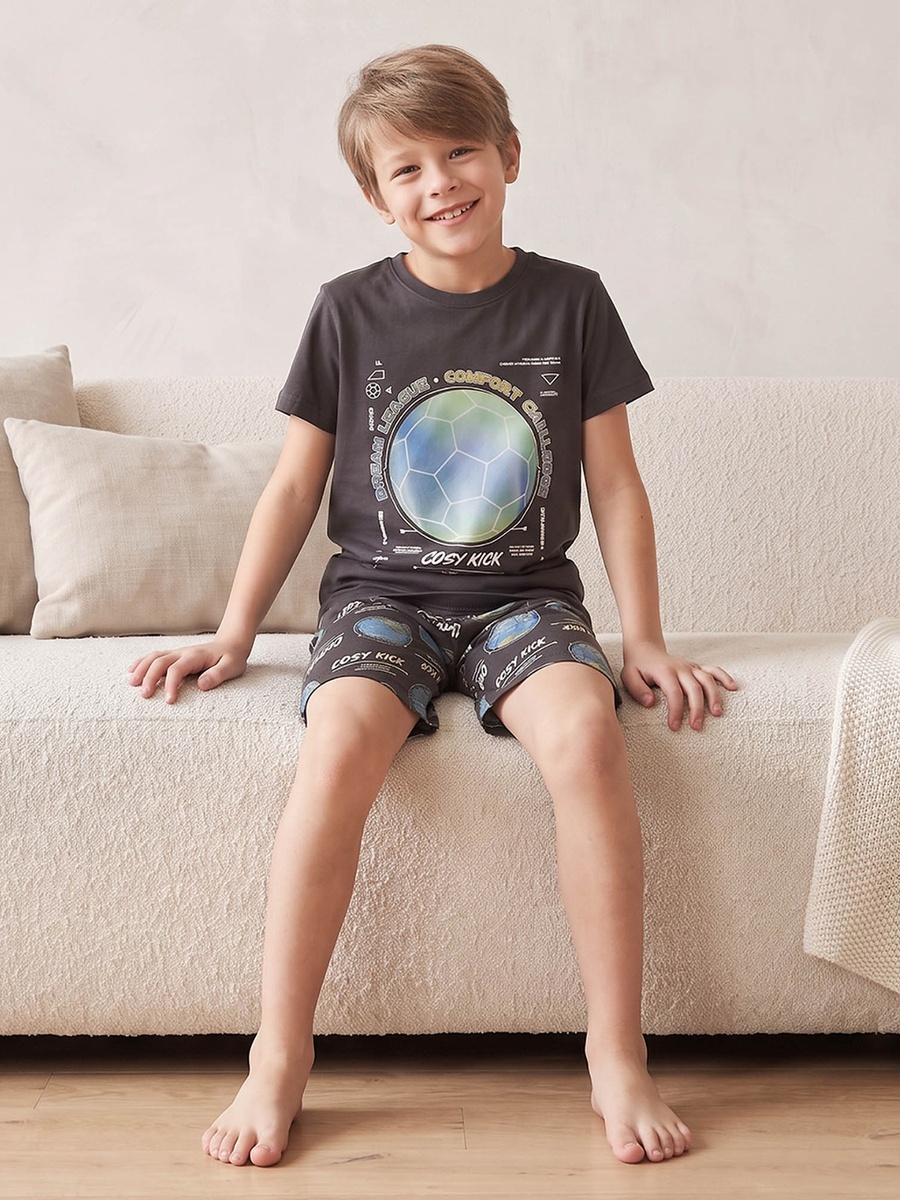 Cotton Crew Neck Short Sleeves Shorts Set with Football Print