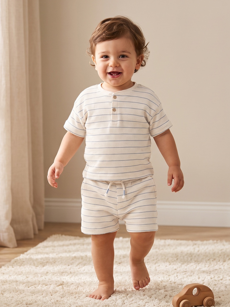 Henley Neck Short Sleeves T-Shirt and Shorts Set with Stripes