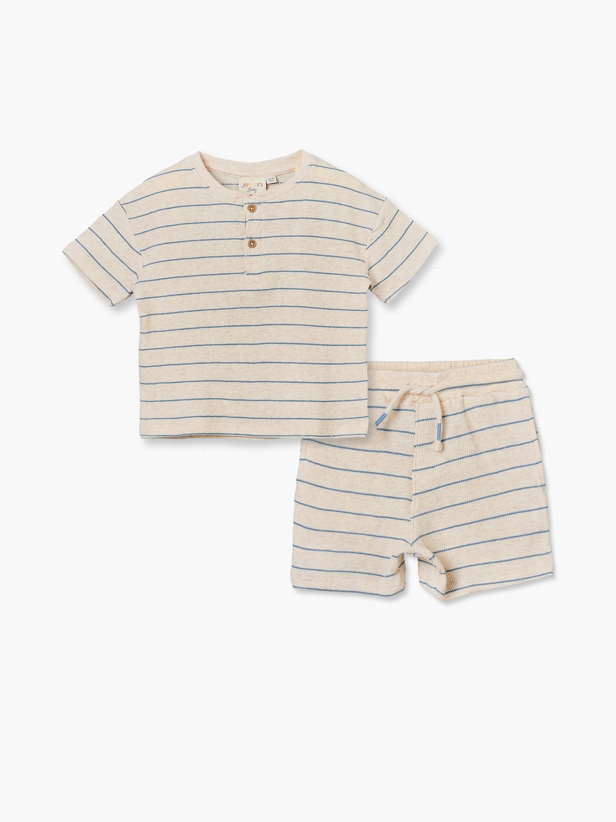 Henley Neck Short Sleeves T-Shirt and Shorts Set with Stripes