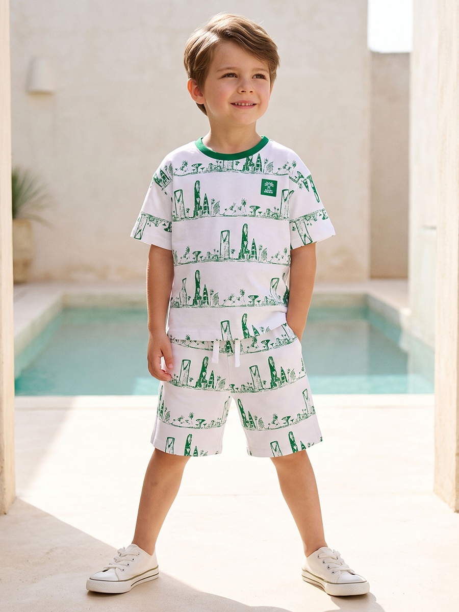Crew Neck Short Sleeves T-Shirt and Shorts Set with KSA National Day Print