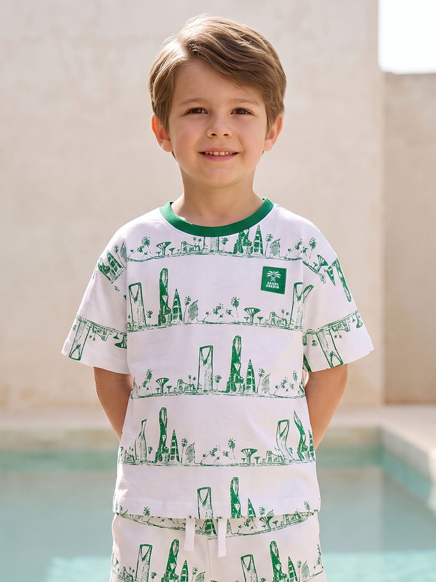 Crew Neck Short Sleeves T-Shirt and Shorts Set with KSA National Day Print