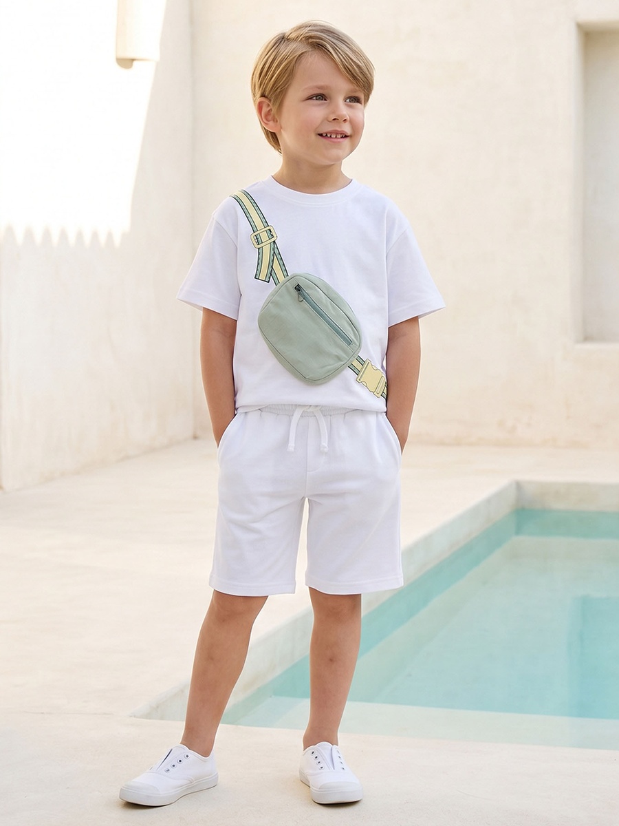 Crew Neck Short Sleeves T-Shirt and Shorts Set with Bag Applique