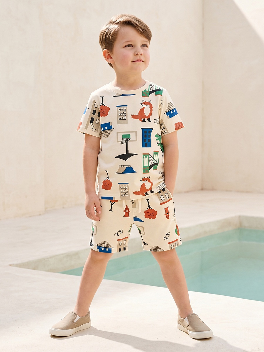 Crew Neck Short Sleeves T-Shirt and Shorts Set with Fox Print