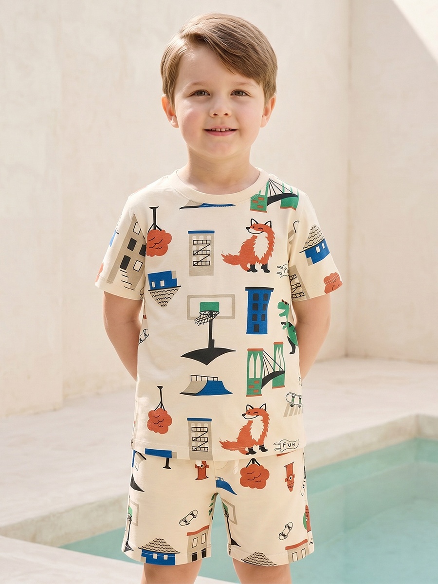 Crew Neck Short Sleeves T-Shirt and Shorts Set with Fox Print