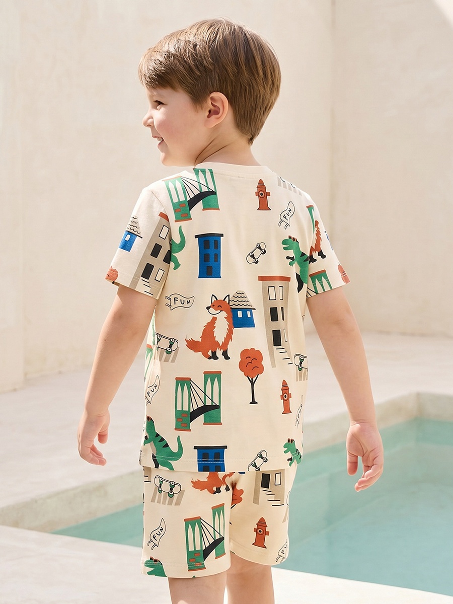 Crew Neck Short Sleeves T-Shirt and Shorts Set with Fox Print