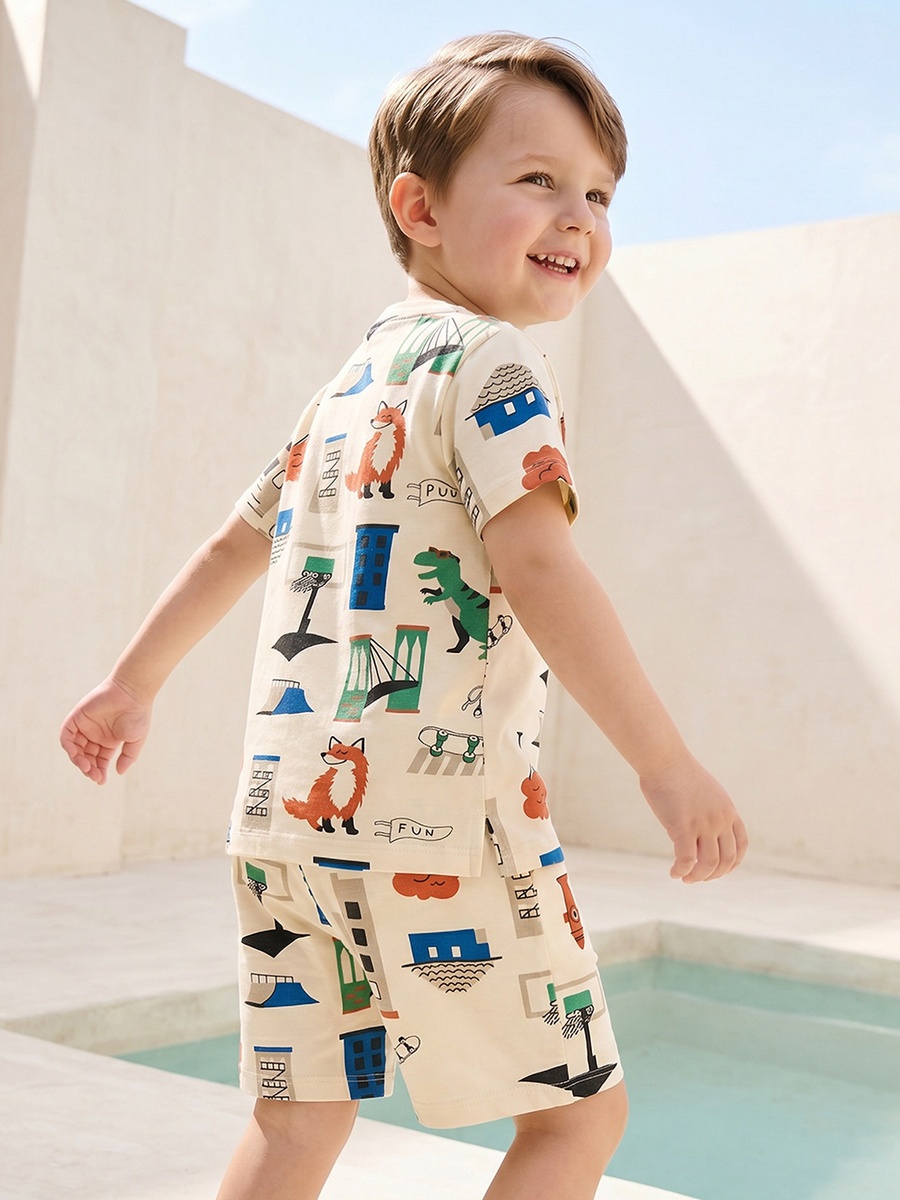 Crew Neck Short Sleeves T-Shirt and Shorts Set with Fox Print