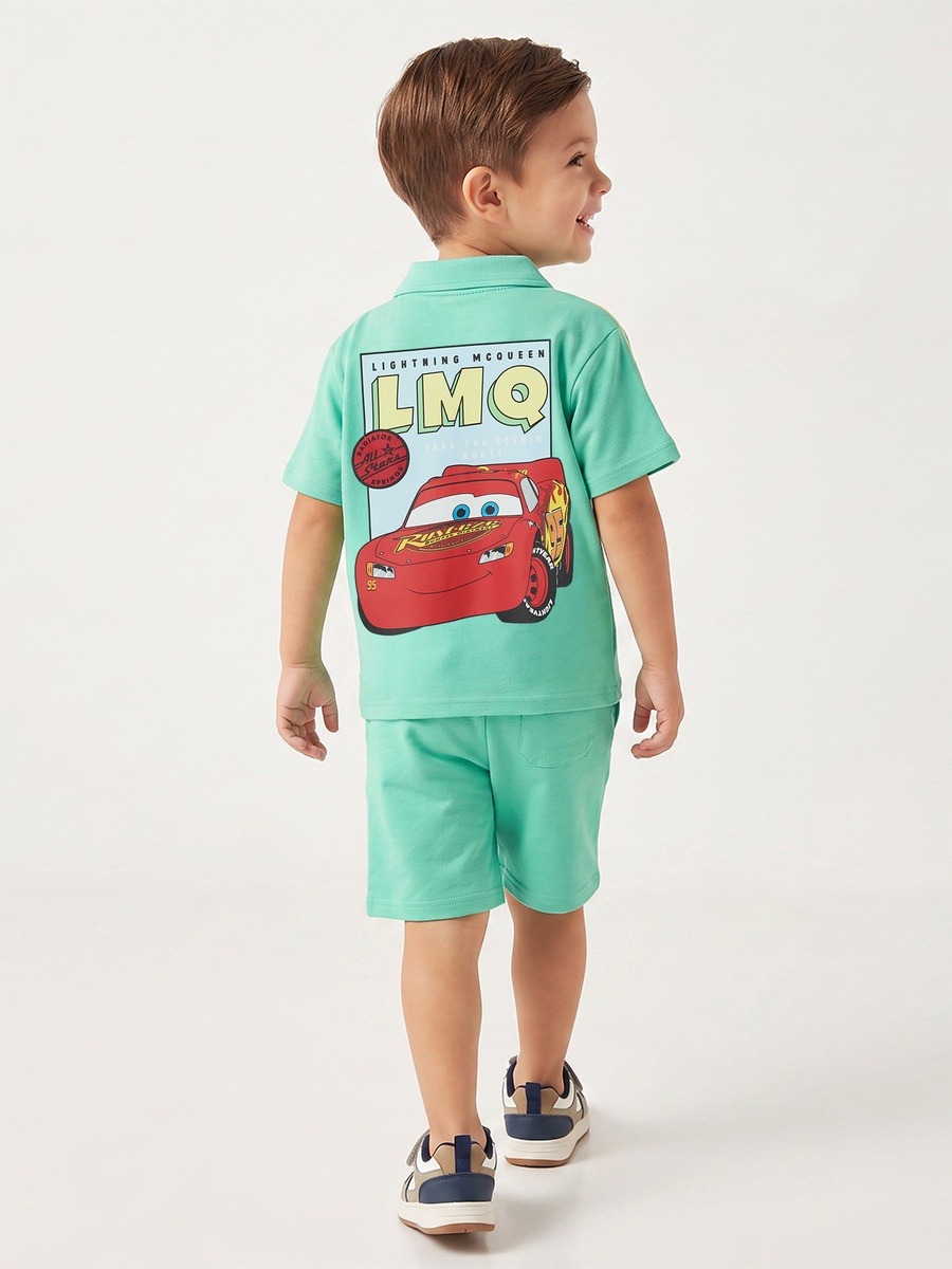 Collared Short Sleeves Polo T-Shirt and Shorts Set with Lightning McQueen Print