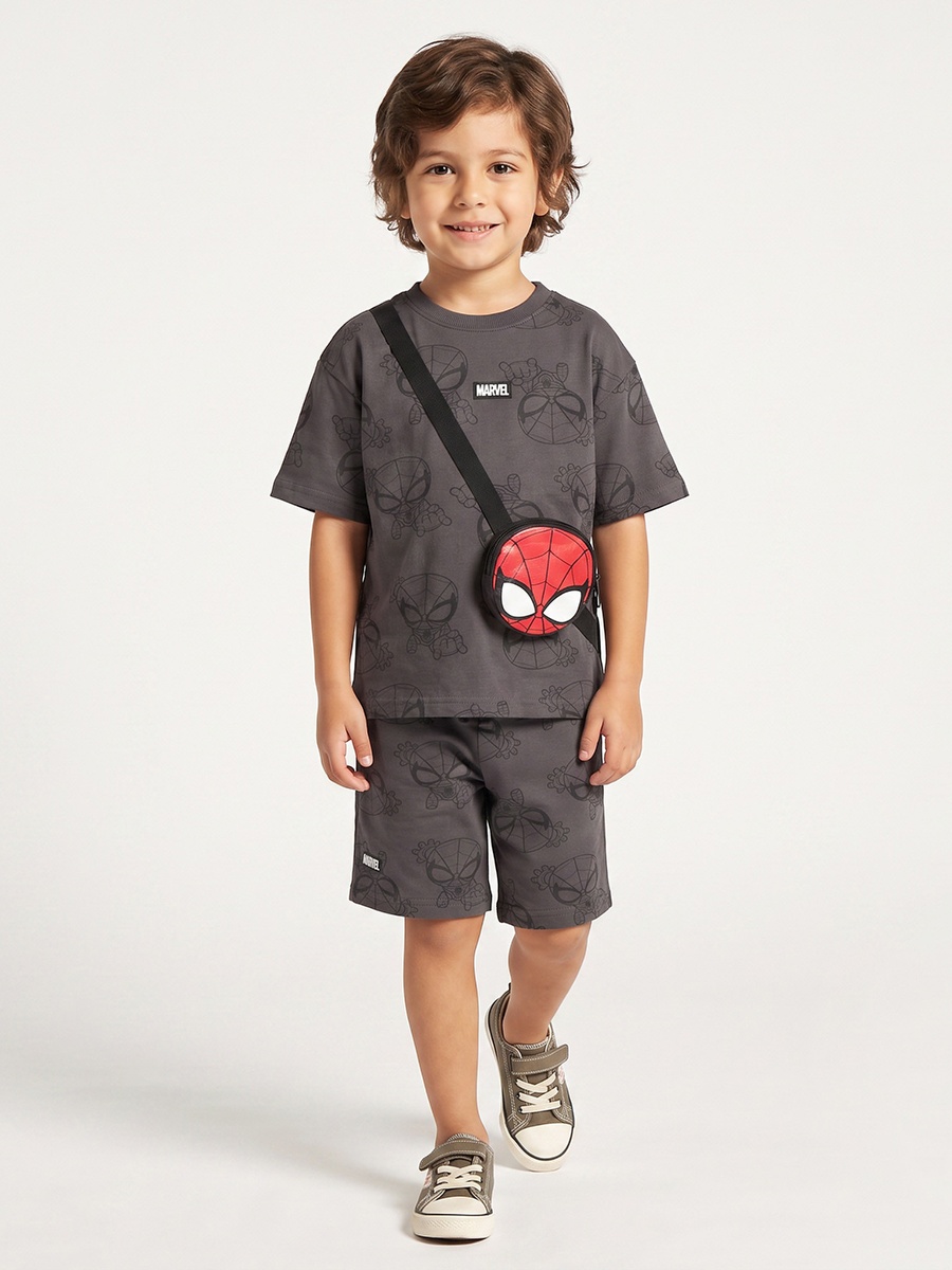 Crew Neck Short Sleeves T-Shirt and Shorts Set with Spider-Man Print