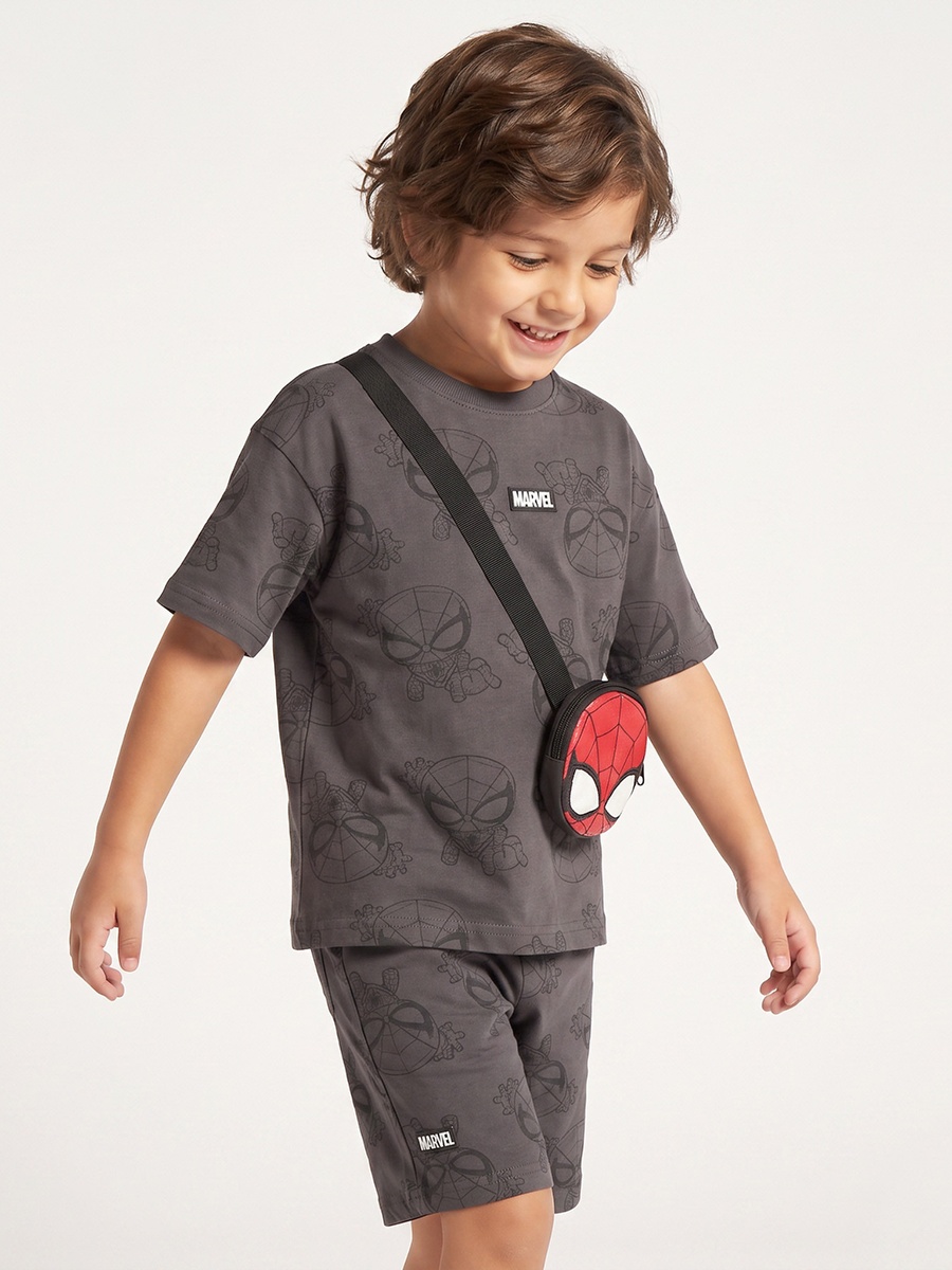 Crew Neck Short Sleeves T-Shirt and Shorts Set with Spider-Man Print