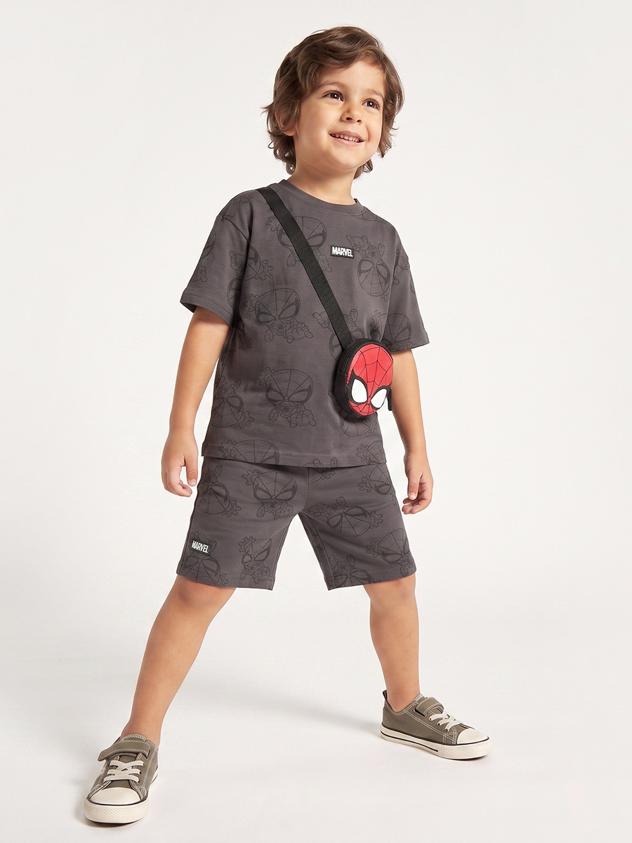 Crew Neck Short Sleeves T-Shirt and Shorts Set with Spider-Man Print