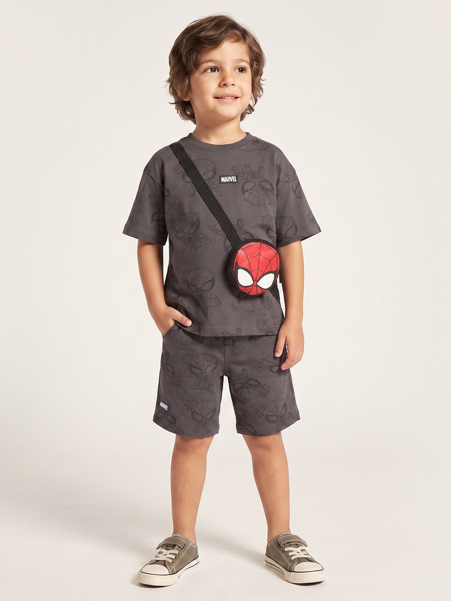 Crew Neck Short Sleeves T-Shirt and Shorts Set with Spider-Man Print