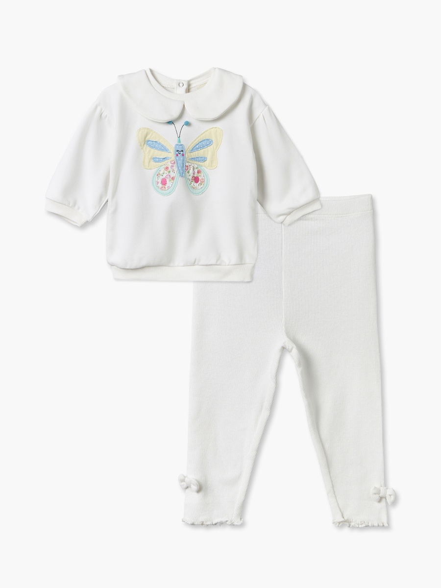 Peter Pan Collar Long Sleeves Sweatshirt and Pants Set with Butterfly Applique