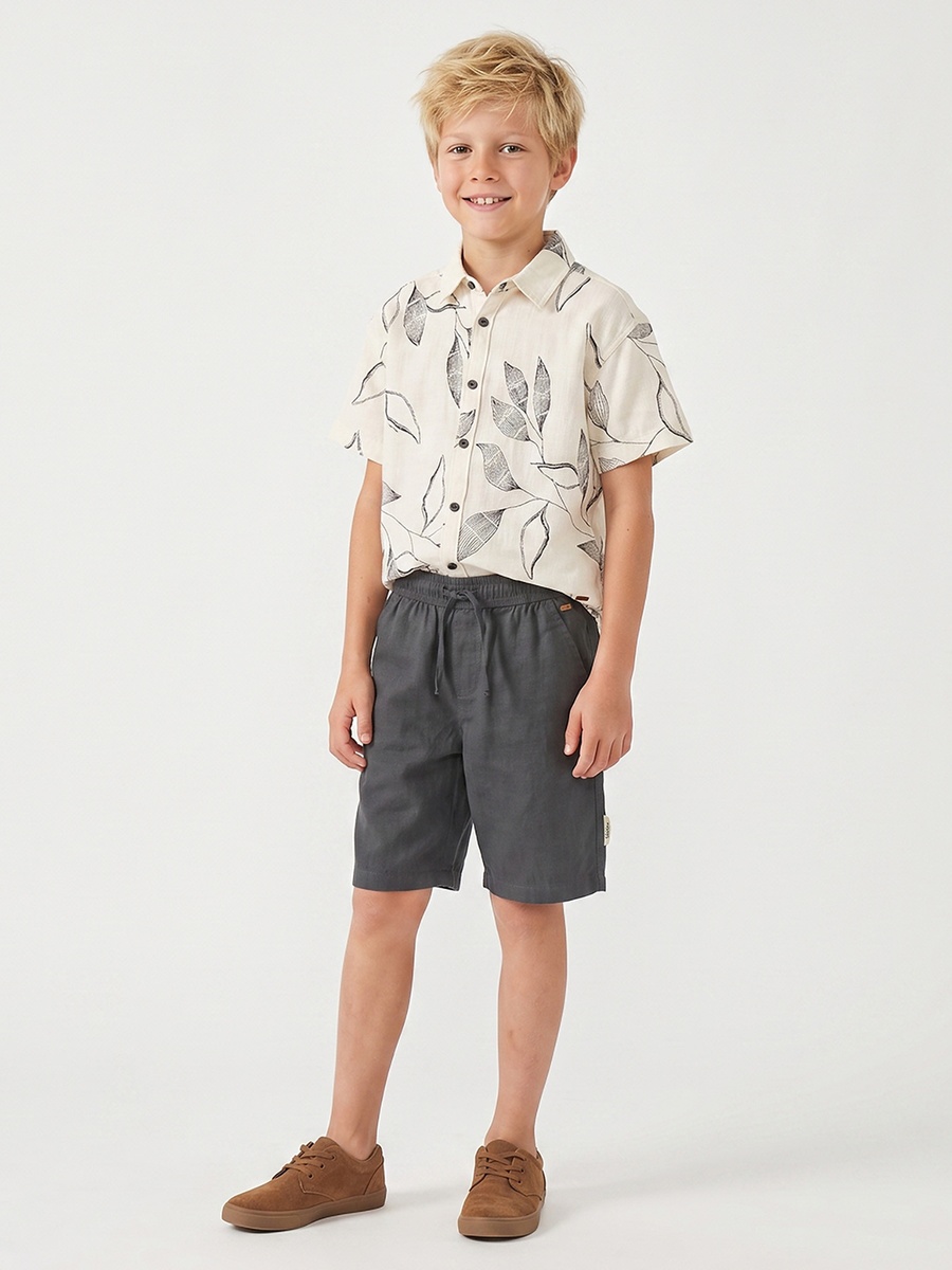 Collared Short Sleeves Shirt and Shorts Set with Botanical Embroidery