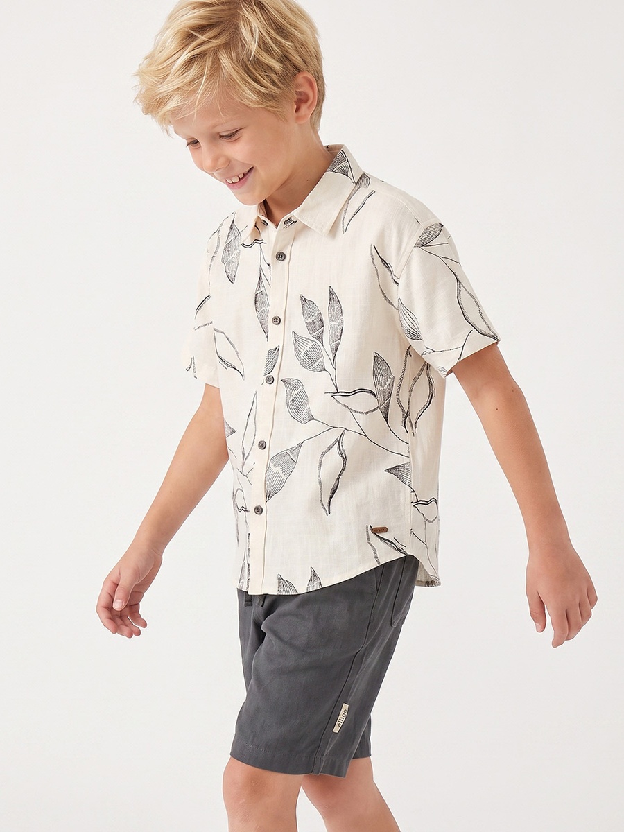 Collared Short Sleeves Shirt and Shorts Set with Botanical Embroidery