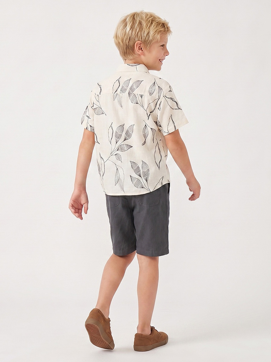 Collared Short Sleeves Shirt and Shorts Set with Botanical Embroidery