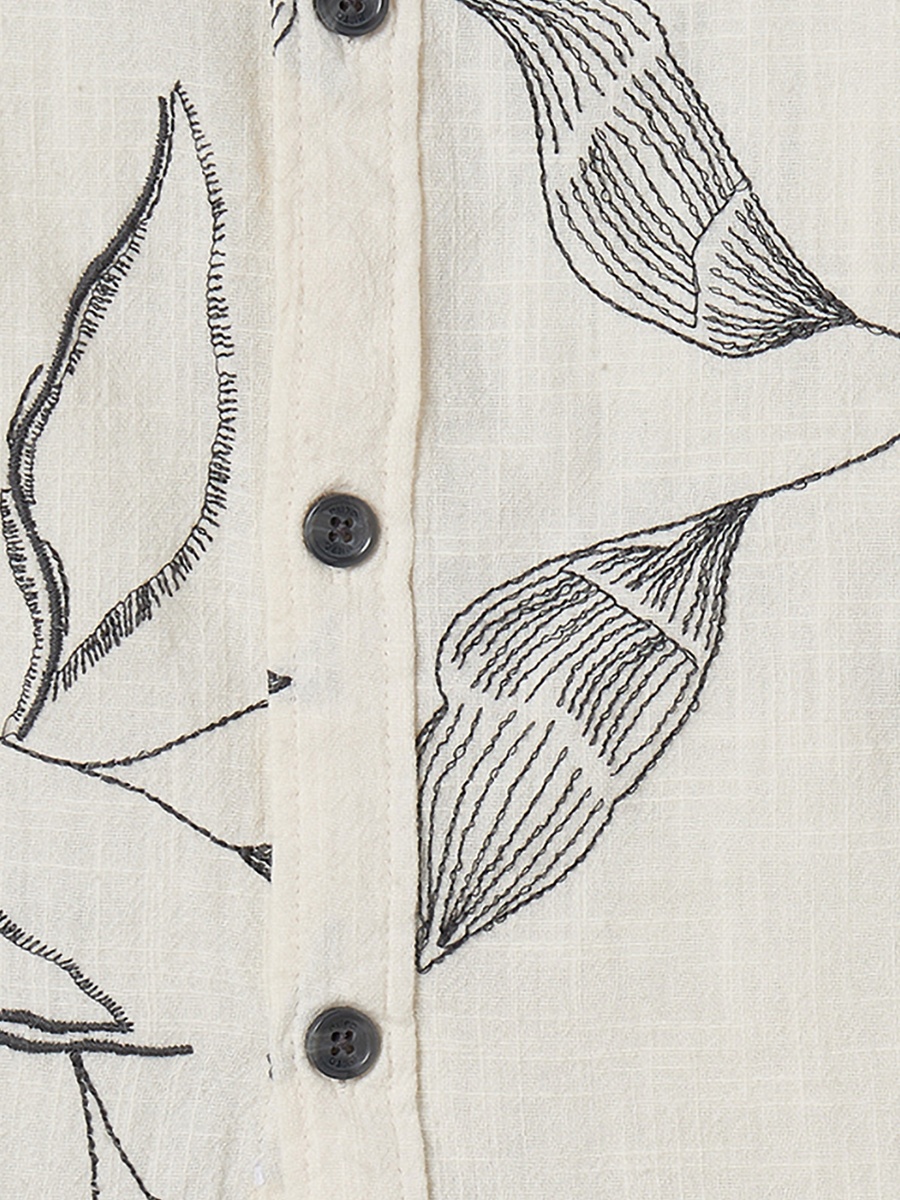 Collared Short Sleeves Shirt and Shorts Set with Botanical Embroidery