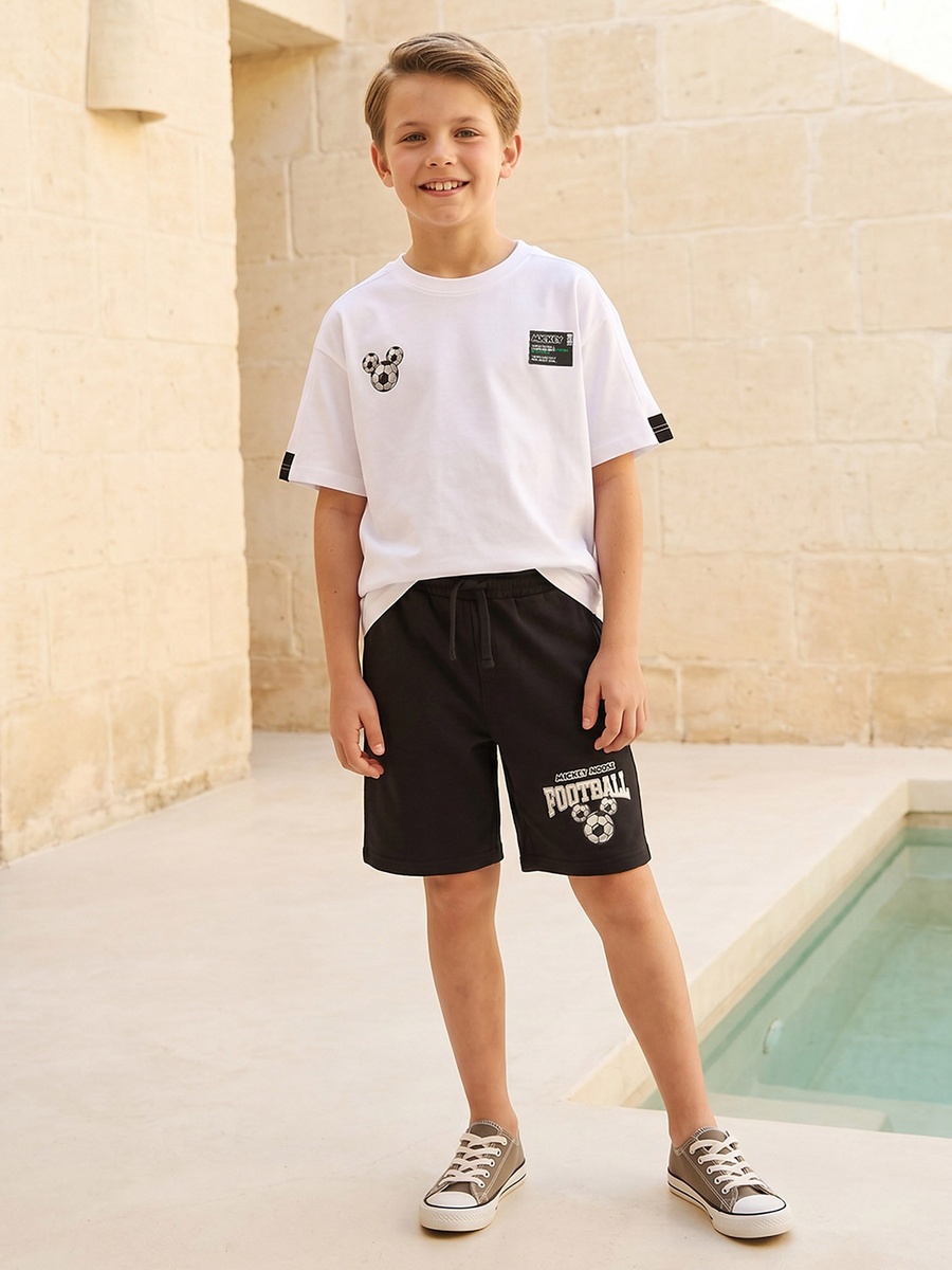 Crew Neck Short Sleeves T-Shirt and Shorts Set with Mickey Mouse Print