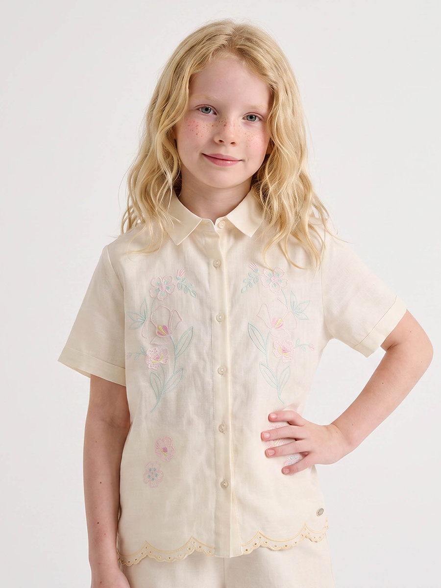 Collared Short Sleeves Shirt and Shorts Set with Floral Embroidery