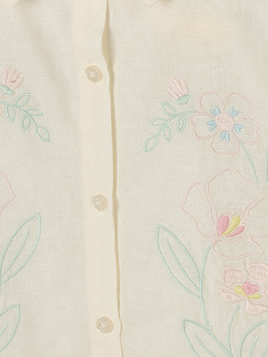 Collared Short Sleeves Shirt and Shorts Set with Floral Embroidery
