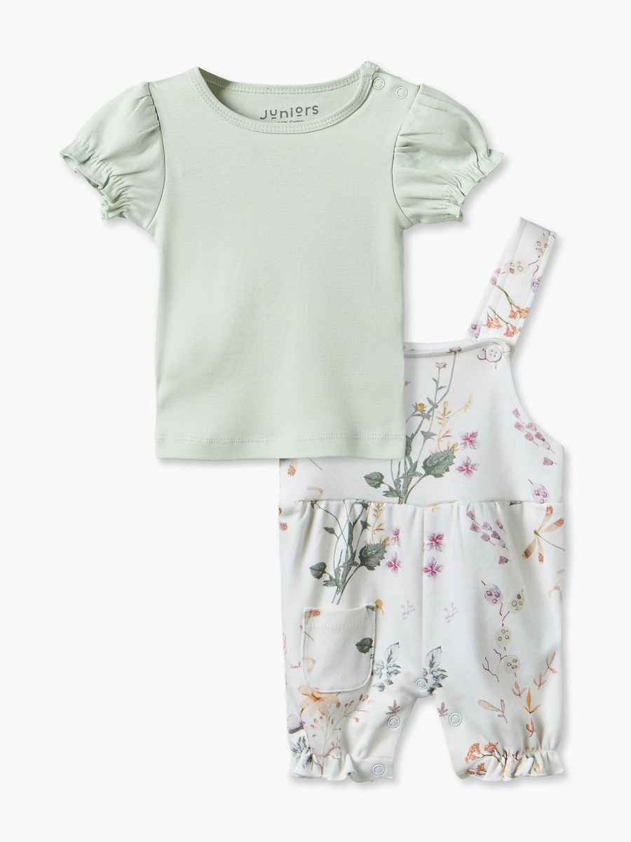 Round Neck Short Sleeves Top and Dungaree Set with Floral Print