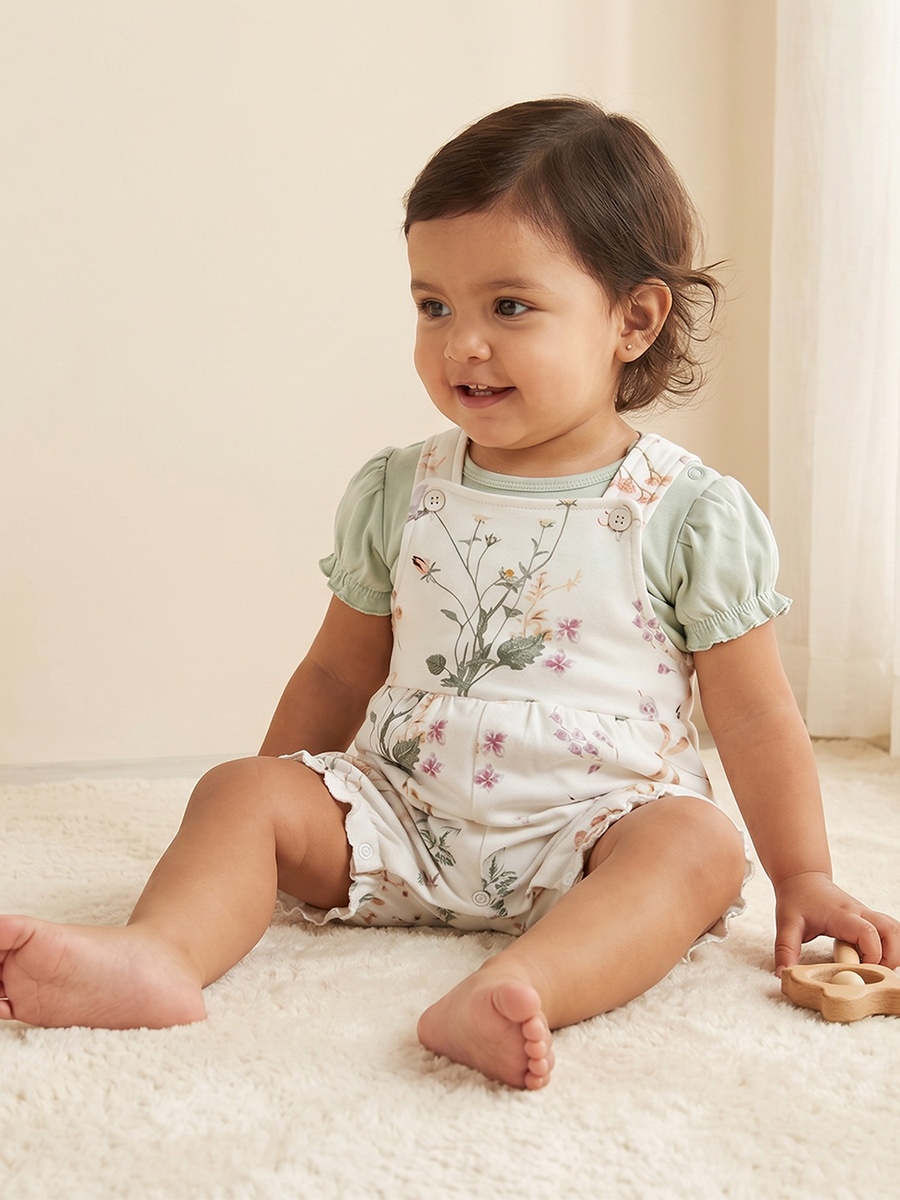 Round Neck Short Sleeves Top and Dungaree Set with Floral Print