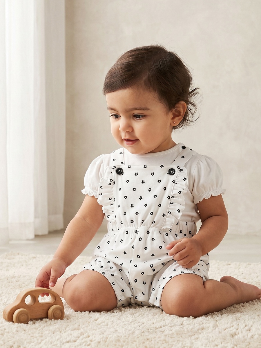 Round Neck Short Sleeves T-Shirt and Dungaree Set with Floral Print