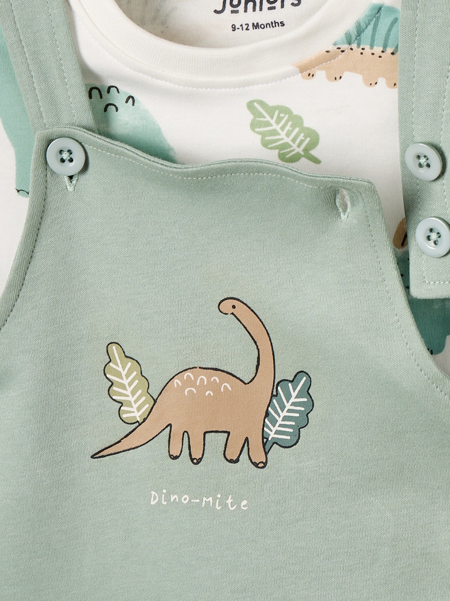Crew Neck Short Sleeves T-Shirt and Dungaree Set with Dinosaur Print