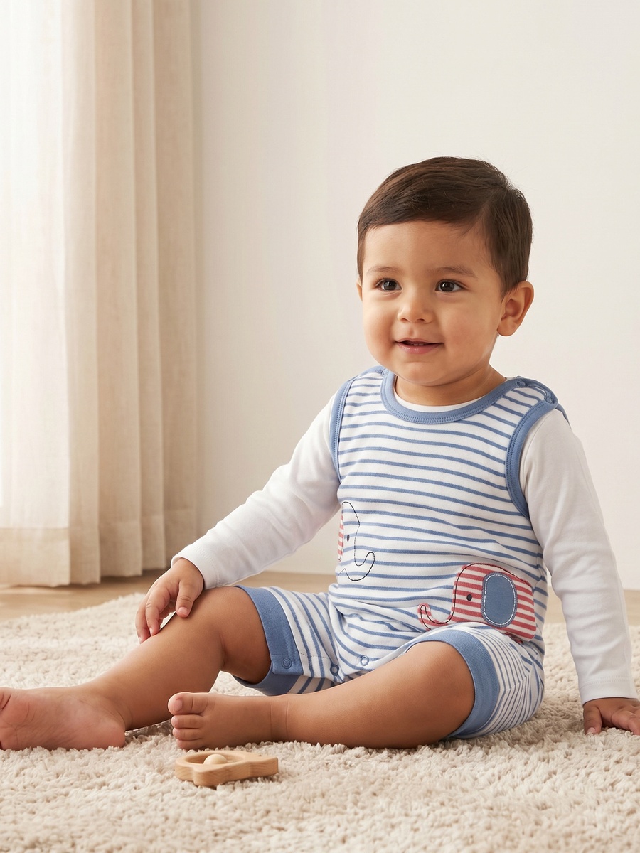 Crew Neck Long Sleeves T-Shirt and Dungaree Set with Stripes