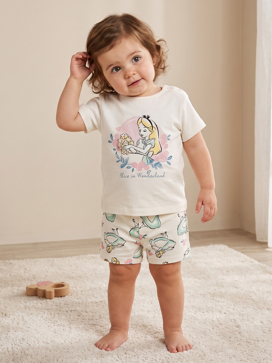 Crew Neck Short Sleeves T-Shirt and Shorts Set with Aurora Print