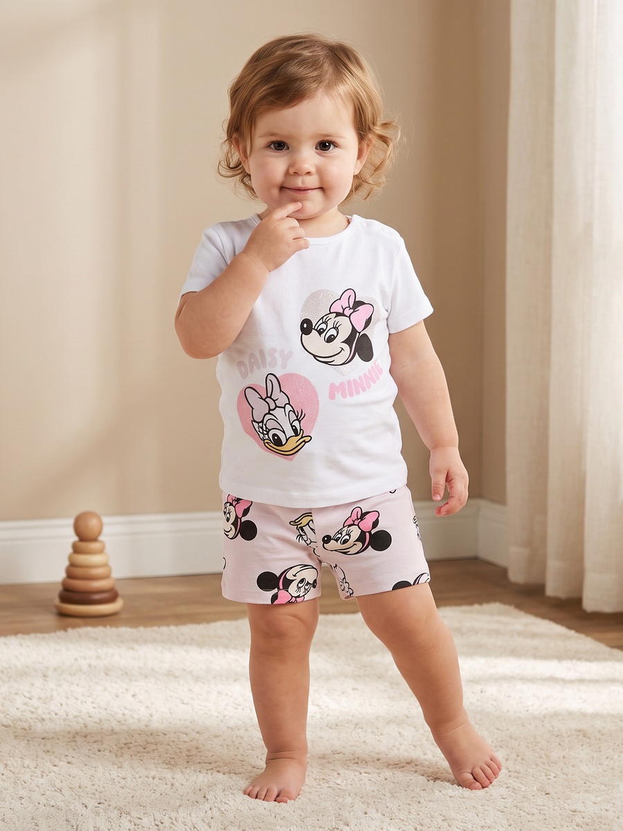 Round Neck Short Sleeves T-Shirt and Shorts Set with Minnie Mouse Print