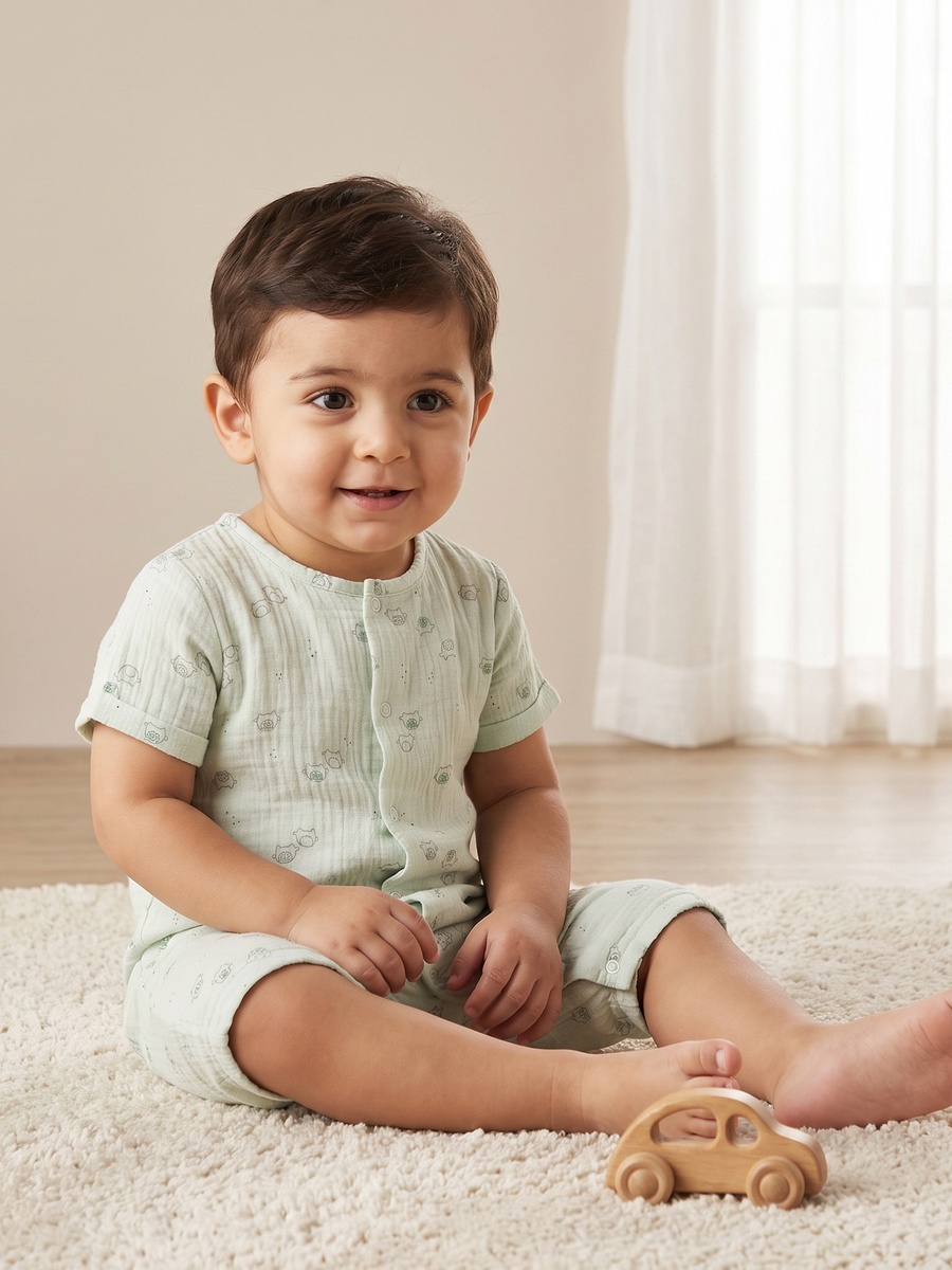 Crew Neck Short Sleeves Romper with Elephant Print