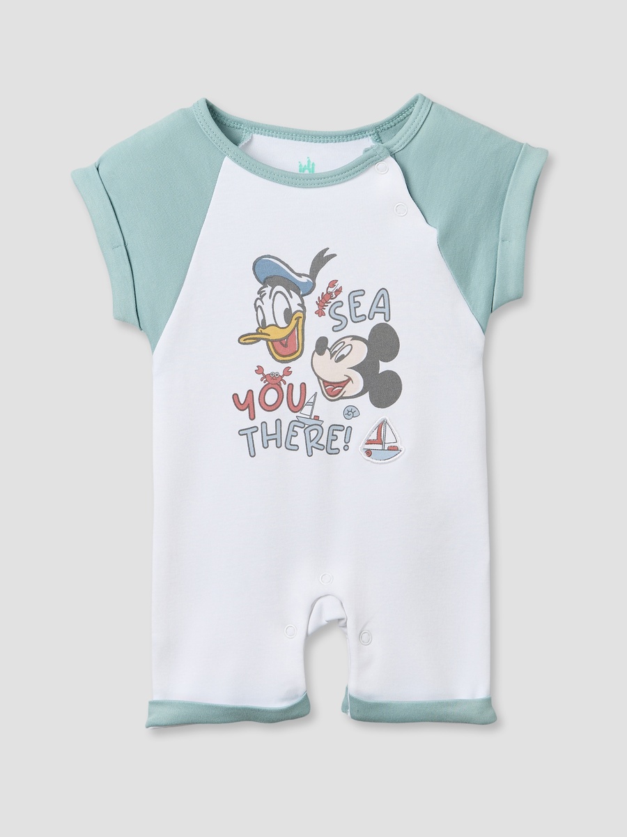 Crew Neck Short Sleeves Romper with Mickey Mouse and Donald Duck Print
