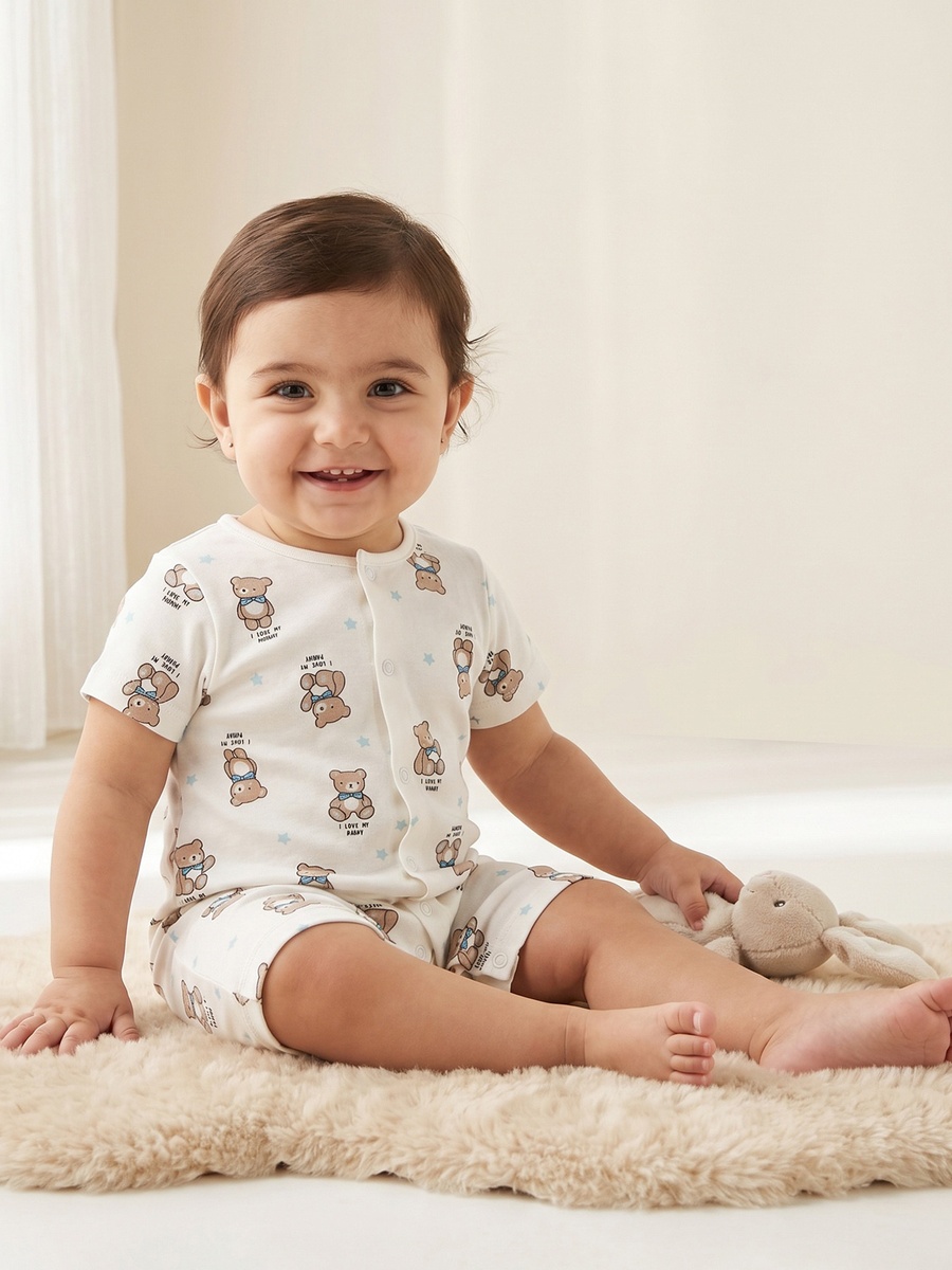 Crew Neck Short Sleeves Romper with Bear Print