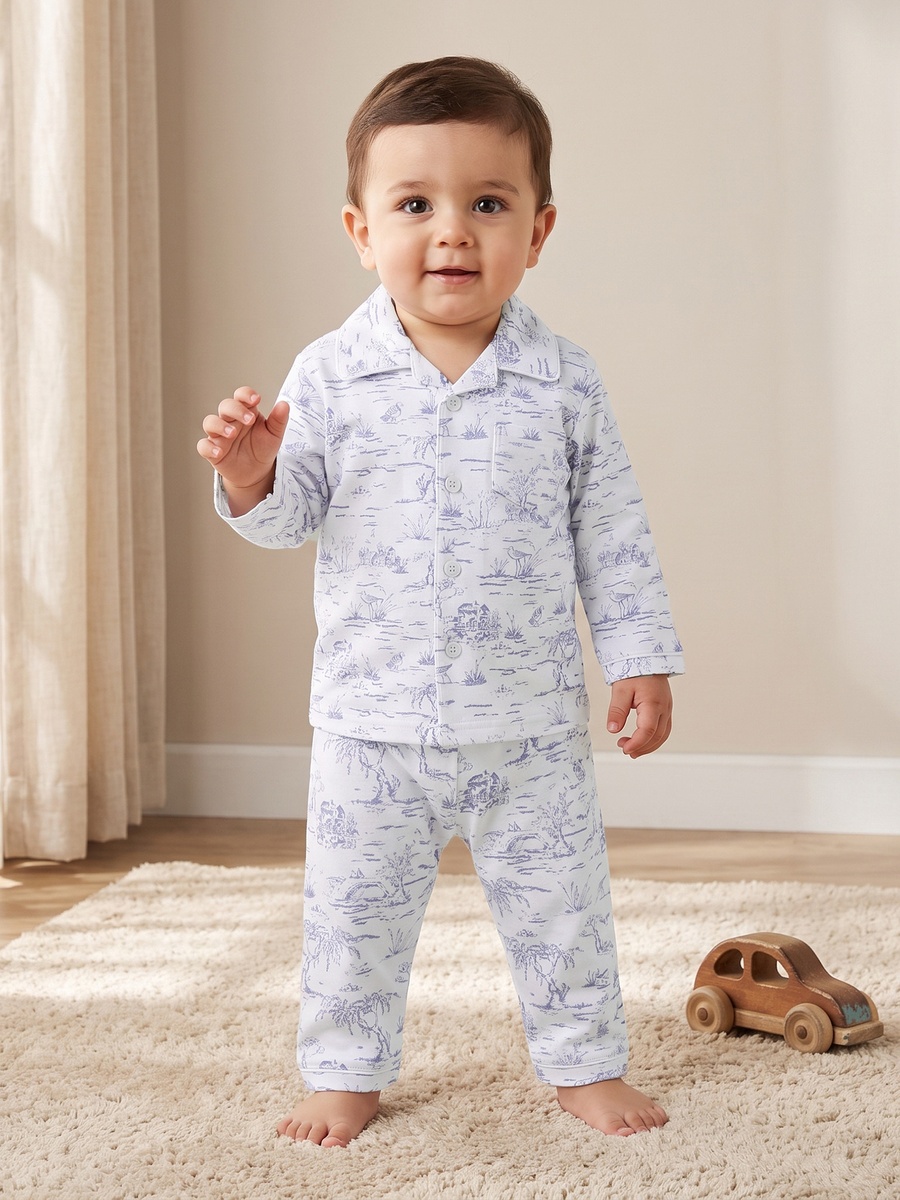 Cotton Collared Long Sleeves Shirt with Pyjamas with Forest Print
