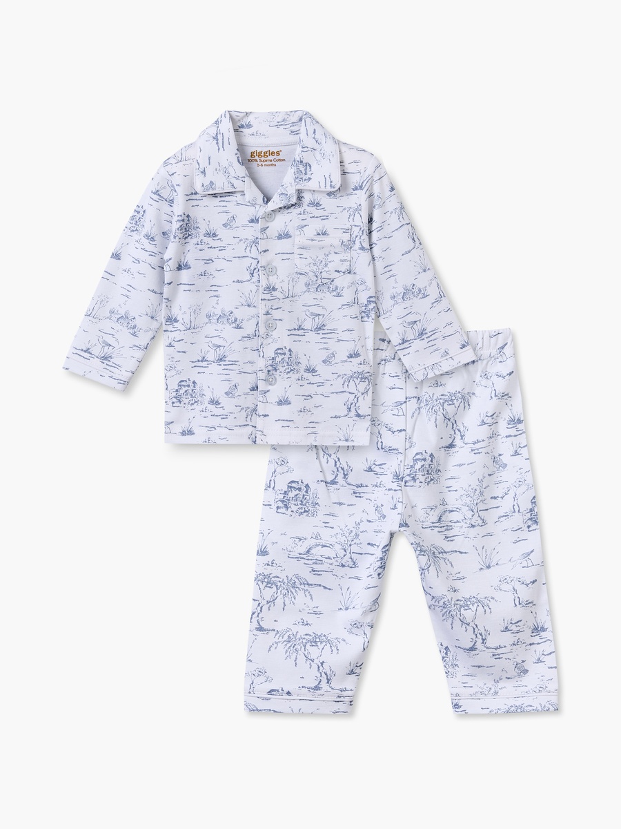 Cotton Collared Long Sleeves Shirt with Pyjamas with Forest Print
