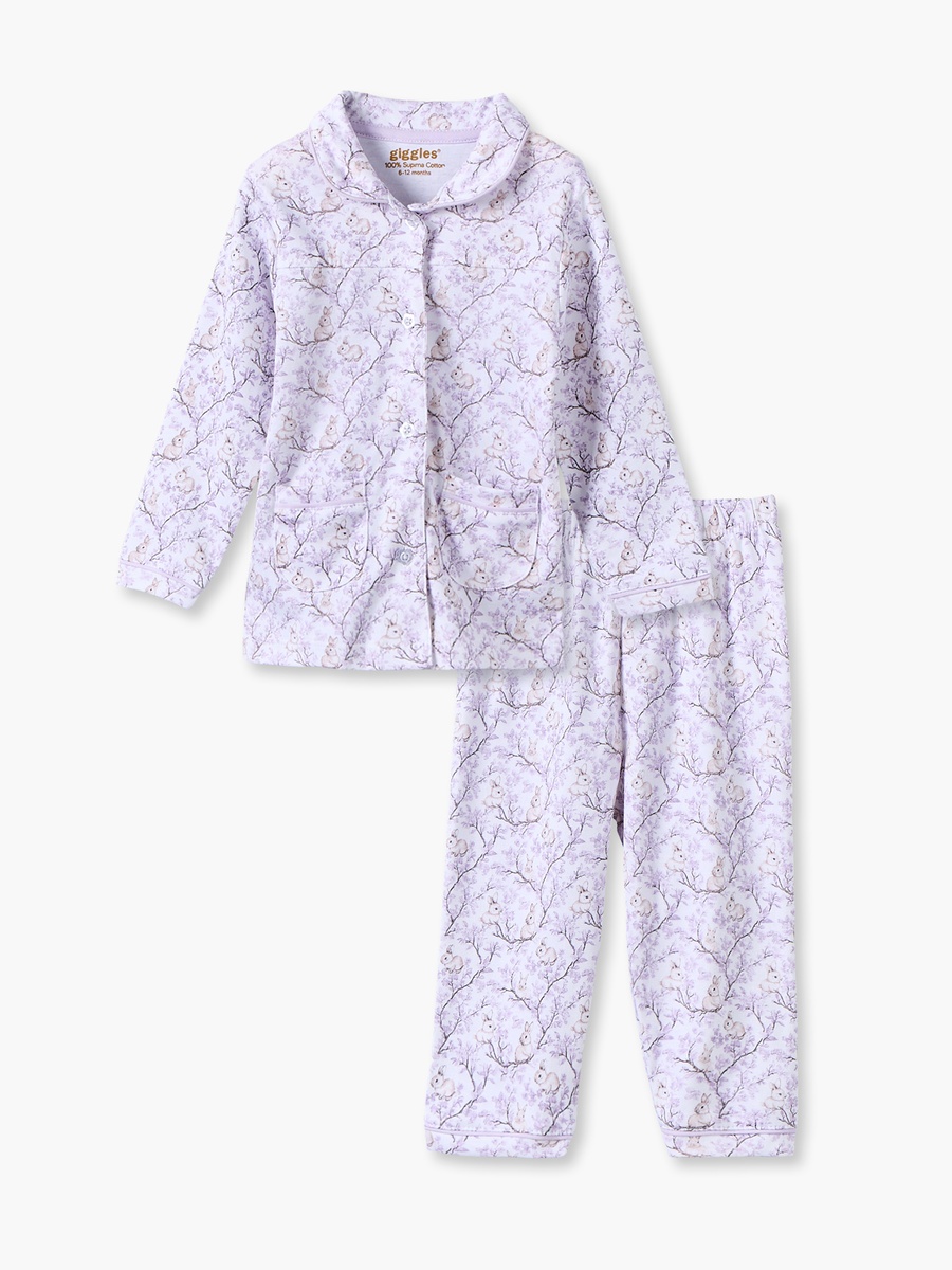 Cotton Collared Long Sleeves Pyjama Set with Botanical Print