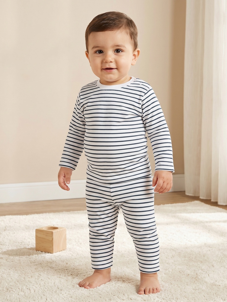 Cotton Round Neck Long Sleeves Pyjama Set with Stripes