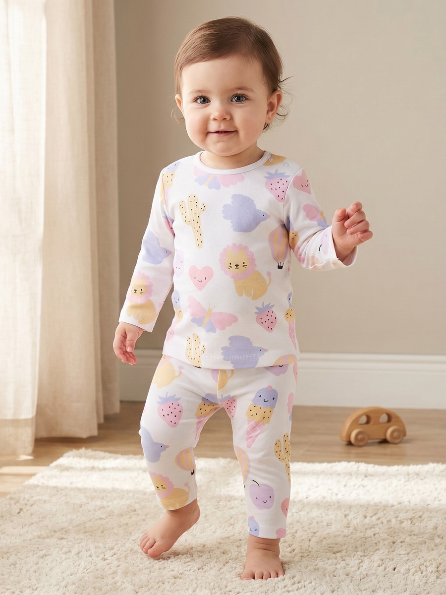 Cotton Crew Neck Long Sleeves Pyjama Set with Ice Cream Print