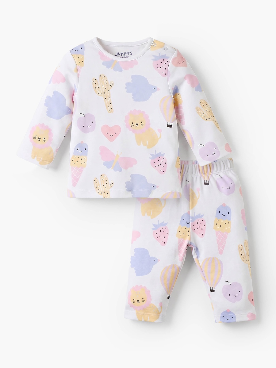 Cotton Crew Neck Long Sleeves Pyjama Set with Ice Cream Print